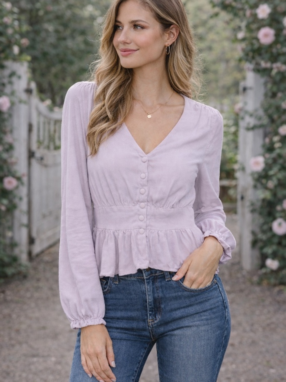 Takara- Lilac Peplum Long Sleeve Blouse Size L